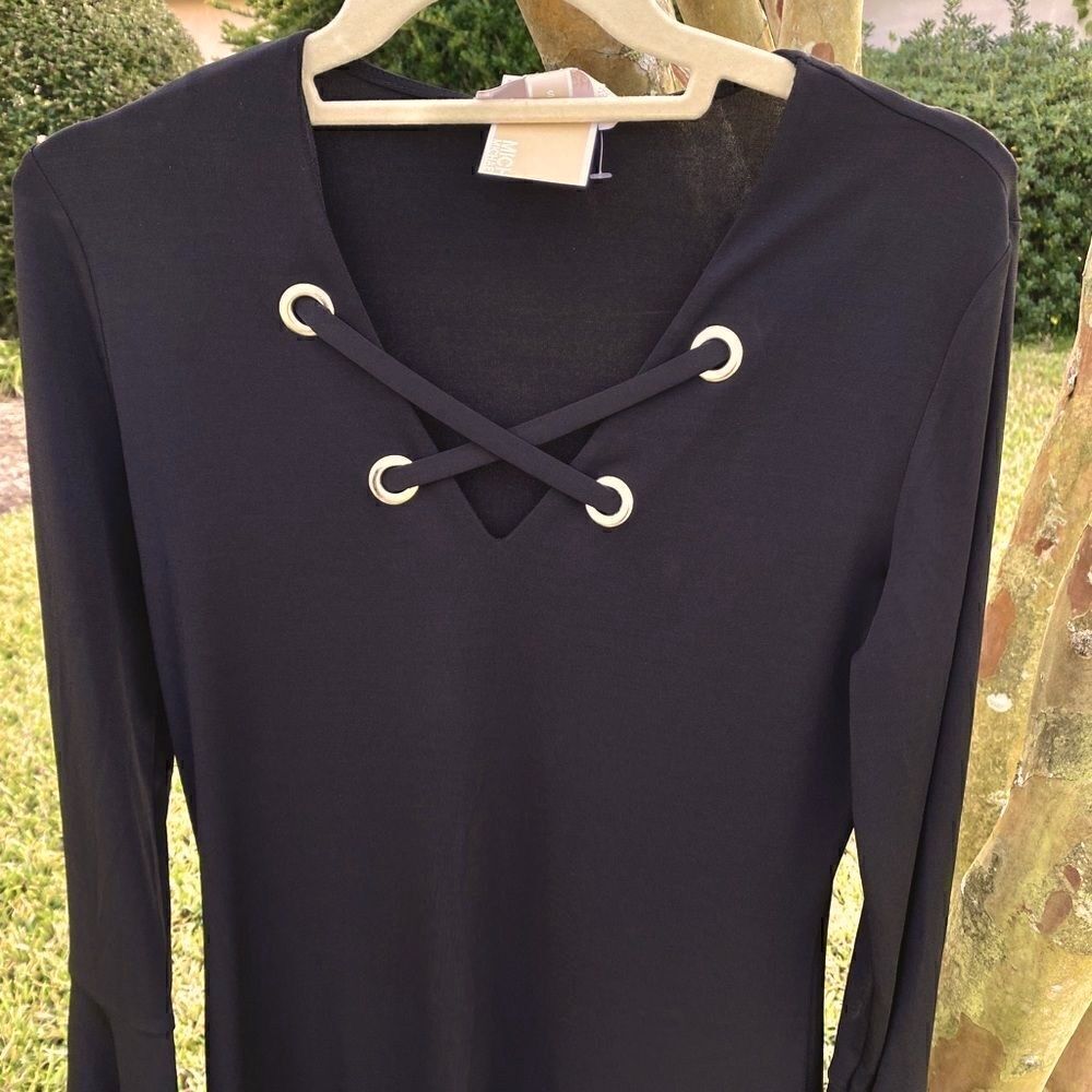 JET BLACK MICHAEL KORS FIT&FLARE DRESS-GROMMET CRISS CROSS STRAPS S NWT - Picture 14 of 16